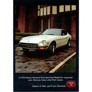 1973 Datsun 240Z General Tire Sprint Jet Vintage Print Ad Tudor House Wall Art